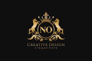 initial NO Retro golden crest with circle and two horses, badge template with scrolls and royal crown - perfect for luxurious branding projects vector