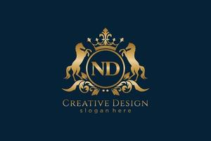 initial ND Retro golden crest with circle and two horses, badge template with scrolls and royal crown - perfect for luxurious branding projects vector