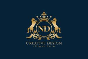 initial ND Retro golden crest with circle and two horses, badge template with scrolls and royal crown - perfect for luxurious branding projects vector