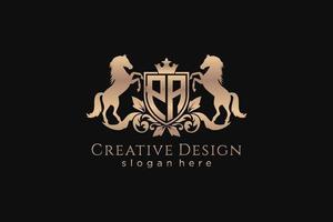 initial PA Retro golden crest with shield and two horses, badge template with scrolls and royal crown - perfect for luxurious branding projects vector