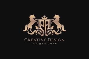 initial PA Retro golden crest with shield and two horses, badge template with scrolls and royal crown - perfect for luxurious branding projects vector