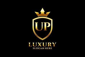 initial UP elegant luxury monogram logo or badge template with scrolls and royal crown - perfect for luxurious branding projects vector