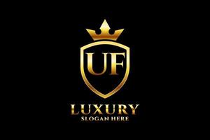 initial UF elegant luxury monogram logo or badge template with scrolls and royal crown - perfect for luxurious branding projects vector