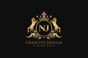 initial NJ Retro golden crest with circle and two horses, badge template with scrolls and royal crown - perfect for luxurious branding projects vector