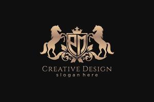 initial PM Retro golden crest with shield and two horses, badge template with scrolls and royal crown - perfect for luxurious branding projects vector