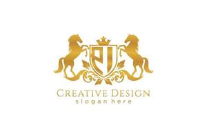 initial PI Retro golden crest with shield and two horses, badge template with scrolls and royal crown - perfect for luxurious branding projects vector