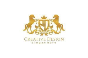 initial PD Retro golden crest with shield and two horses, badge template with scrolls and royal crown - perfect for luxurious branding projects vector