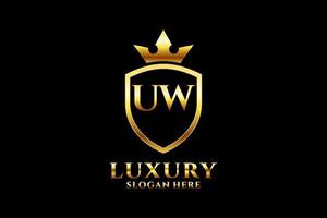 initial UW elegant luxury monogram logo or badge template with scrolls and royal crown - perfect for luxurious branding projects vector