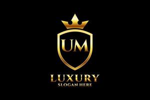 initial UM elegant luxury monogram logo or badge template with scrolls and royal crown - perfect for luxurious branding projects vector