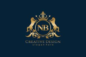 initial NB Retro golden crest with circle and two horses, badge template with scrolls and royal crown - perfect for luxurious branding projects vector