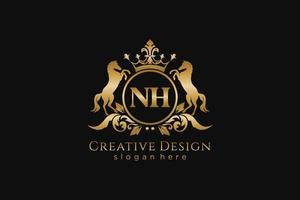 initial NH Retro golden crest with circle and two horses, badge template with scrolls and royal crown - perfect for luxurious branding projects vector