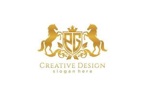 initial PG Retro golden crest with shield and two horses, badge template with scrolls and royal crown - perfect for luxurious branding projects vector