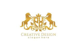 initial PX Retro golden crest with shield and two horses, badge template with scrolls and royal crown - perfect for luxurious branding projects vector