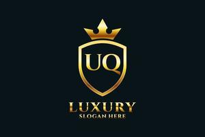 initial UQ elegant luxury monogram logo or badge template with scrolls and royal crown - perfect for luxurious branding projects vector