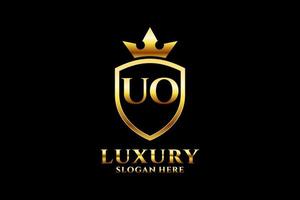 initial UO elegant luxury monogram logo or badge template with scrolls and royal crown - perfect for luxurious branding projects vector