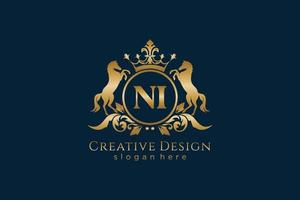 initial NI Retro golden crest with circle and two horses, badge template with scrolls and royal crown - perfect for luxurious branding projects vector