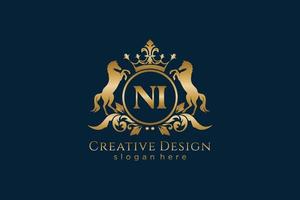 initial NI Retro golden crest with circle and two horses, badge template with scrolls and royal crown - perfect for luxurious branding projects vector