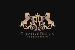 initial PY Retro golden crest with shield and two horses, badge template with scrolls and royal crown - perfect for luxurious branding projects vector