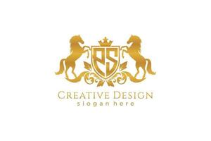 initial PS Retro golden crest with shield and two horses, badge template with scrolls and royal crown - perfect for luxurious branding projects vector
