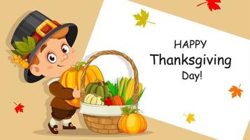 Happy Thanksgiving Day. Cute little cartoon boy vector