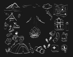 Hiking gear  set vector hand drawn doodles illustration, travel accessories and equipment.