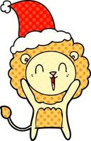 laughing lion comic book style illustration of a wearing santa hat vector