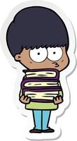 sticker of a nervous cartoon boy carrying books vector