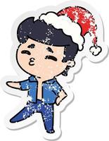 christmas distressed sticker cartoon of kawaii boy vector