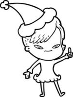 cute line drawing of a girl with hipster haircut wearing santa hat vector