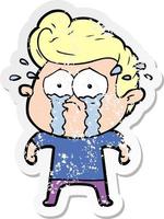distressed sticker of a cartoon crying man vector