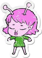 distressed sticker of a cute alien girl cartoon vector
