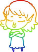 rainbow gradient line drawing pretty cartoon elf girl with corssed arms vector