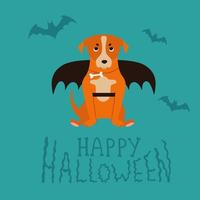 Jack Russell Terrier dog with black bat wings Halloween costume vector illustration for card design with lettering phrase - Happy Halloween