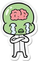 sticker of a cartoon big brain alien crying vector