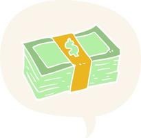 cartoon stack of cash and speech bubble in retro style vector