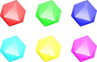 Shiny hexagon crystal gemstone set. Red green blue cyan yellow magenta gemstone for logo, icon, sign, symbol or item games vector