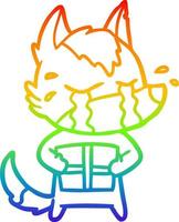 dibujo de línea de gradiente de arco iris lobo llorando de dibujos animados con regalo de navidad vector