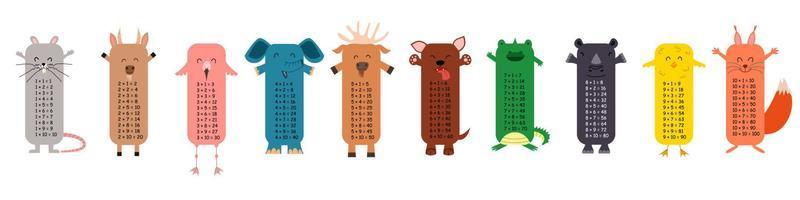 Multiplication table with square animals. Printed bookmarks or stickers with cute kawaii animals. vector