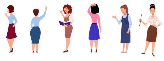 Set of Women shows and tells. Teacher with a pointer and a book in his hand. vector