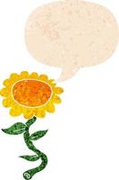 cartoon sunflower and speech bubble in retro textured style vector