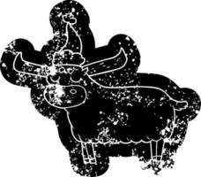 cartoon distressed icon of a bull wearing santa hat vector