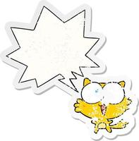 cute cartoon crazy cat and speech bubble distressed sticker vector