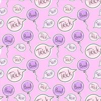 Vector Seamless pattern for Halloween on Pink background with Treats or Trick in balloons.