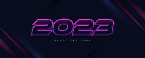 banner de feliz año nuevo 2023 con concepto futurista y efecto de neón colorido. Plantillas de diseño de año nuevo 2023 para celebración, fondo, banner, portada, tarjeta y plantilla de redes sociales vector