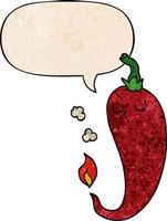 cartoon hot chili pepper and speech bubble in retro texture style vector