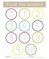 Trace the numbers 0 to 10 worksheet for kids. Tracing practice activity. Preschool handwriting exercise. Fine motor skills vector