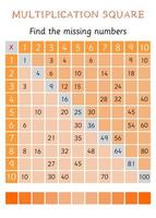 Missing number worksheet for kids. Multiplication square chart. Learning multiplication tables. Educational game for elementary school . Times tables vector