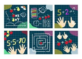 Set of design templates for mental math school, math course, creative children. AgainCounting on Your Fingers. Math. Labyrinth. Puzzles. Modern design vector illustration concept for website design