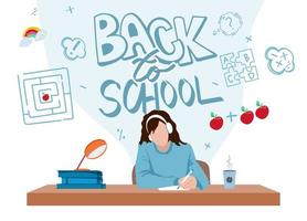 Handwritten inscription Back to School. Classroom with a student. The girl is writing an assignment. Books on the table. School desk. Letters with different patterns. Vector illustration in flat style