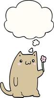 lindo gato de dibujos animados con flor y burbuja de pensamiento vector